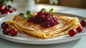A stack of pancakes with a cherry on top and a sauce on the side. The plate is white and the sauce is red photo