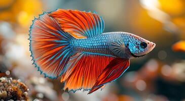 A fish with a blue and red tail is swimming in a tank. The fish is surrounded by a few other fish, but it is the main focus of the image. The colors of the fish are vibrant and eye-catching photo
