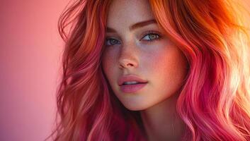 A woman with pink hair and green eyes. She is smiling and looking at the camera. The pink hair is styled in a way that it looks like it is made of small strands photo