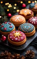 A plate of colorful cookies with stars and snowflakes on them. The cookies are arranged in a row on a black surface photo