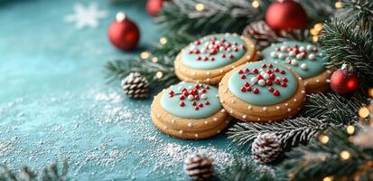 A blue background with a bunch of red and white Christmas ornaments. A plate of cookies with red and white icing on top photo