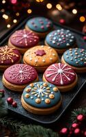 A tray of colorful cookies with a star on top. The cookies are decorated with white icing and sprinkles photo