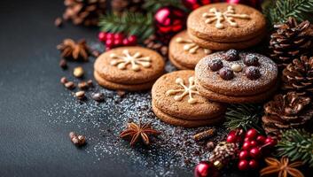 A plate of cookies with a sprinkle of cinnamon on top. The cookies are decorated with snowflakes and are piled on top of each other. The plate is surrounded by pine cones and berries photo