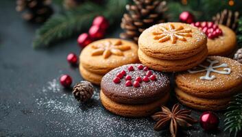 A stack of cookies with a red and white star on top. The cookies are decorated with icing and sprinkles photo