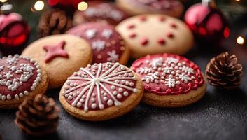 A collection of cookies with snowflakes and stars on them. The cookies are arranged on a table with pine cones in the background photo