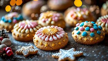 A variety of colorful cookies with stars and snowflakes on them. The cookies are arranged on a table with a few pine cones and a star photo