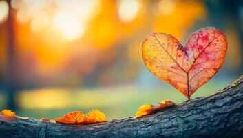 A leaf with a heart shape on it is on a tree branch. The leaf is surrounded by other leaves, and the branch is covered in leaves. Concept of beauty and tranquility, as the leaf photo