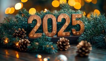 A wooden sign with the numbers 2025 is surrounded by pine cones and green foliage. Concept of growth and progress, as the year 2025 represents the future and the potential for new beginnings photo
