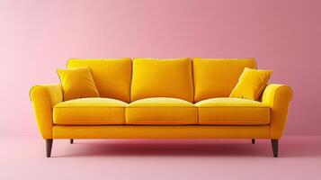 A yellow couch with pillows on it is sitting in front of a pink wall. The couch is the main focus of the image and it gives off a warm and inviting feeling photo