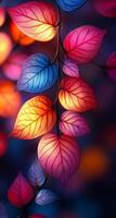 A colorful leafy branch with a blue leaf in the middle. The rest of the leaves are red and yellow photo