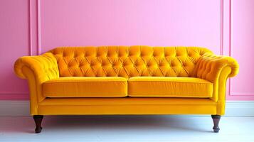 A yellow couch is sitting in front of a pink wall. The couch is the main focus of the image and it is the most important piece of furniture in the room photo
