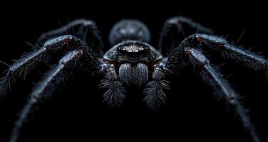 A spider is shown in a close up on a black background. The spider is large and has a menacing look photo