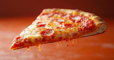 A slice of pepperoni pizza is being lifted off a table. The pizza is covered in cheese and pepperoni, and it is dripping with sauce. Concept of indulgence and enjoyment photo