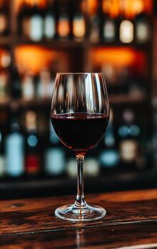 un vaso de rojo vino es sentado en un de madera bar encimera. el vino vaso es medio lleno, y el vino es profundo rojo en color. el bar mostrador es forrado con varios botellas de vino, creando un acogedor foto