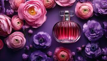 A bottle of perfume is surrounded by a bunch of flowers. The perfume bottle is pink and has a clear top. The flowers are purple and are arranged in a way that they complement the perfume bottle photo