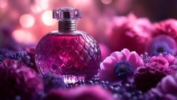A bottle of perfume is sitting on a bed of flowers. The bottle is pink and has a clear top. The flowers are purple and are scattered around the bottle. Scene is romantic and feminine photo