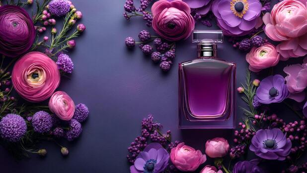 A bottle of perfume is surrounded by purple flowers. The flowers are arranged in a way that they complement the bottle and create a visually appealing display. Scene is elegant and sophisticated photo