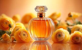 A bottle of perfume is displayed on a table with yellow flowers. The bottle is made of clear glass and has a gold top. The flowers are yellow photo