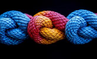 A blue and red rope is tied in a knot, with the knot being in the middle of the rope. The knot is a symbol of unity and connection, as it is made by intertwining two separate ropes into one photo