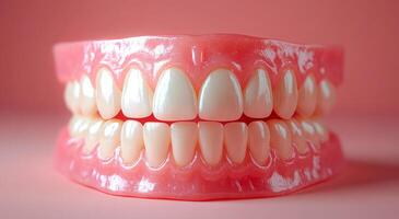 A close up of a fake pink tooth with a pink background. The tooth is fake and has a white base photo