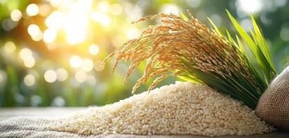 A bunch of rice is on a table next to a bag. The rice is brown and the bag is brown photo