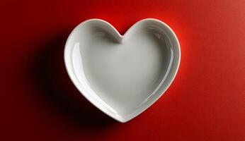 A white plate with a heart shape on it is placed on a red background. The heart shape is the main focus of the image, and the red background adds a sense of warmth and passion to the scene photo