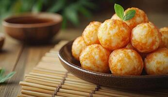 A plate of fried dough balls with a bowl of sauce in the background. Scene is casual and inviting, as the food looks delicious and ready to be eaten photo