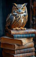A large owl is perched on top of a stack of books. The owl is looking directly at the camera, creating a sense of curiosity and intrigue. The scene evokes a feeling of mystery and wonder photo