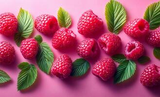 A close up of a bunch of red raspberries with green leaves. The raspberries are arranged in a row, with some overlapping and others standing alone. Scene is fresh and healthy photo