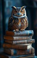 A large owl is perched on top of a stack of books. The owl is looking directly at the camera, creating a sense of curiosity and intrigue. The scene evokes a feeling of mystery and wonder photo