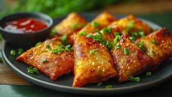 A plate of fried food with a black plate and a red sauce. The food is covered in green onions photo