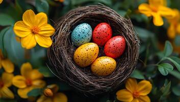 A nest of four eggs with one of them being yellow and the other three being blue. The nest is surrounded by yellow flowers photo