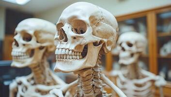 Three skeletons are displayed in a room, with one of them smiling. The room is dimly lit, giving it a somber and eerie atmosphere photo