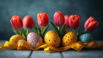 A bouquet of Easter flowers with eggs and ribbons. The flowers are red and yellow, and the eggs are painted with polka dots. The arrangement is on a wooden table, and the overall mood is cheerful photo