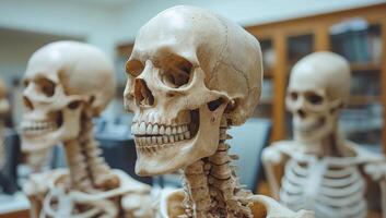 Three skeletons are standing in a room with a computer monitor in the background. The room appears to be a laboratory or a classroom photo