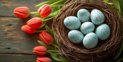 A nest of eggs sits on a wooden table next to a vase of red flowers. The eggs are blue and white, and the flowers are red. Concept of warmth and comfort, as the eggs photo