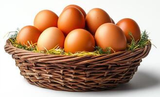 A basket full of eggs is sitting on a white background. The basket is woven and filled with eggs of various sizes. The eggs are arranged in a way that they are all facing the same direction photo