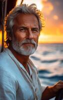 A man with a beard and white hair is smiling at the camera. He is wearing a white shirt and a white vest. The scene is set on a boat in the ocean photo