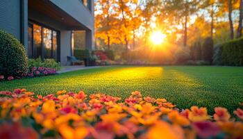 A beautiful garden with a house in the background. The sun is shining brightly on the grass and flowers photo