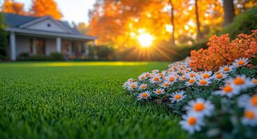 A house with a white picket fence and a lawn with a bunch of flowers. The sun is shining brightly on the flowers, making them look even more beautiful photo