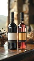 Two bottles of wine, one red and one pink, sit on a wooden table. The wine bottles are next to a basket of berries photo