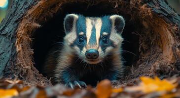 Badger peeking from a hollow tree trunk in autumn. A badger peers curiously from a hollow tree trunk surrounded by fallen leaves during autumn. photo