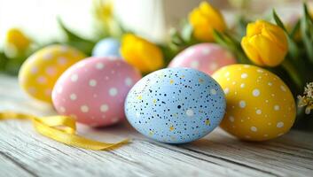 Colorful Easter eggs and yellow tulips on table. Brightly colored Easter eggs placed on a table with yellow tulips in the background, showcasing springtime festivities. photo