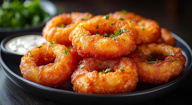 crujiente cebolla anillos con aderezo. dorado marrón cebolla anillos adornado con hierbas y servido con un cremoso inmersión salsa en un oscuro lámina. foto