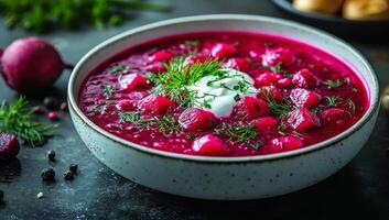 Healthy beetroot soup with fresh herbs and cream. A vibrant beetroot soup garnished with fresh dill and a dollop of cream, highlighting a nutritious meal option. photo