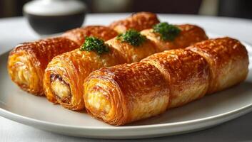 Delicious flaky pastry rolls with herb garnish. Savory pastry rolls with a golden crust and herb topping, served on a plate at a fine dining restaurant. photo