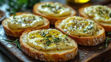 un pan con cremoso hierba desparramar. recién tostado un pan rebanadas coronado con cremoso desparramar, rociado con aceituna aceite, y adornado con hierbas y especias foto