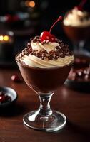 Decadent chocolate dessert with rich toppings. A bowl filled with creamy chocolate mousse topped with whipped cream, chocolate shavings, and a cherry. photo