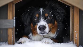 Dog resting in doghouse during winter snowfall. A dog relaxes inside a wooden doghouse as snow falls outside, creating a peaceful winter atmosphere. photo