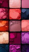 Colorful assortment of vibrant eye shadow pigments. A square arrangement of various eye shadow colors showcases rich reds, pinks, and purples for makeup looks. photo